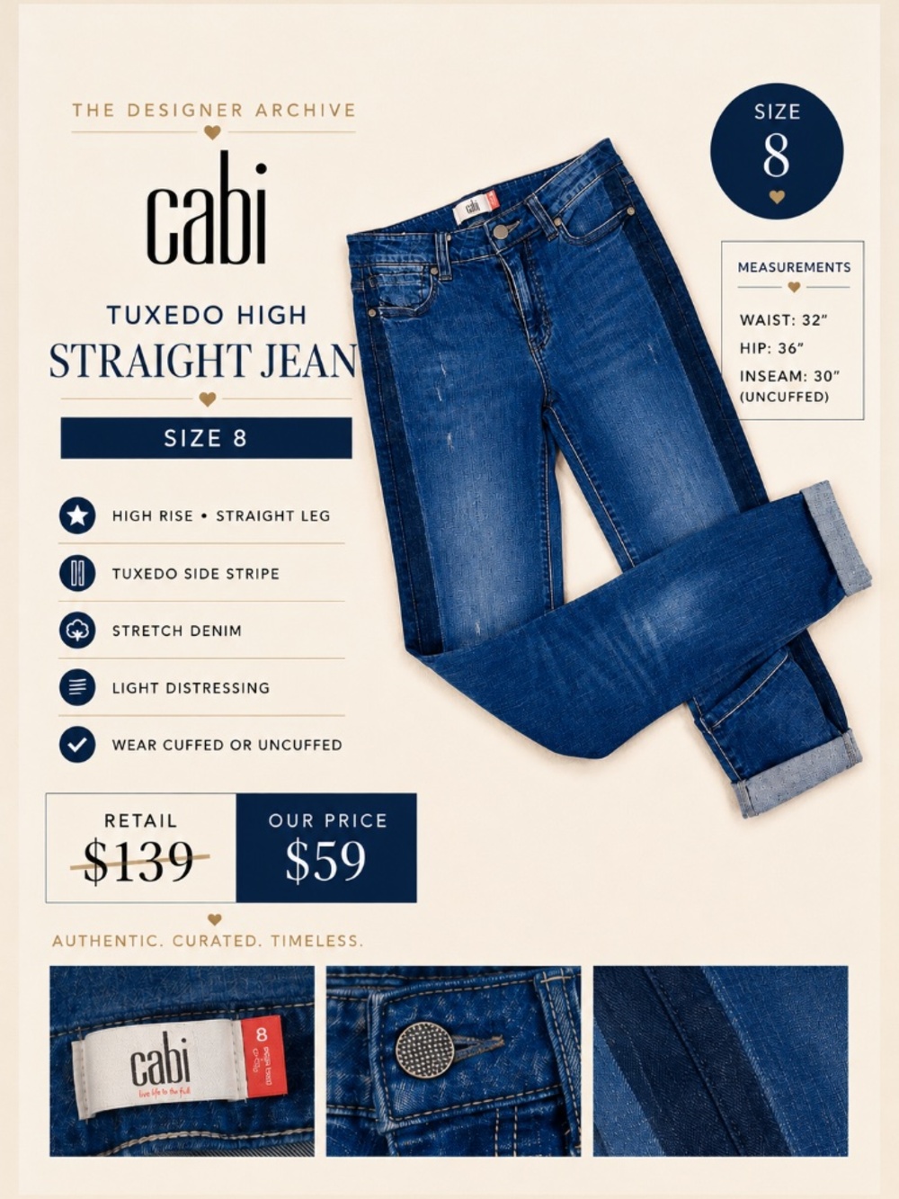 CAbi Tuxedo Straight leg Jeans Size 8 – Side Stripe Stretch Denim